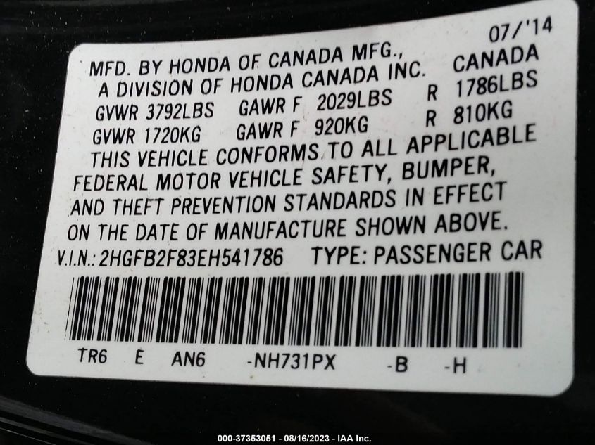 2014 HONDA CIVIC SEDAN EX - 2HGFB2F83EH541786