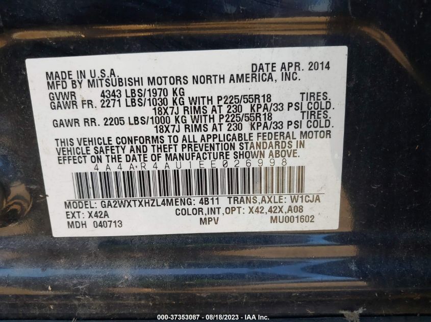 2014 MITSUBISHI OUTLANDER SPORT SE - 4A4AR4AU1EE026998