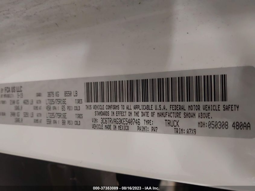 2019 RAM PROMASTER CARGO VAN - 3C6TRVAG3KE540746