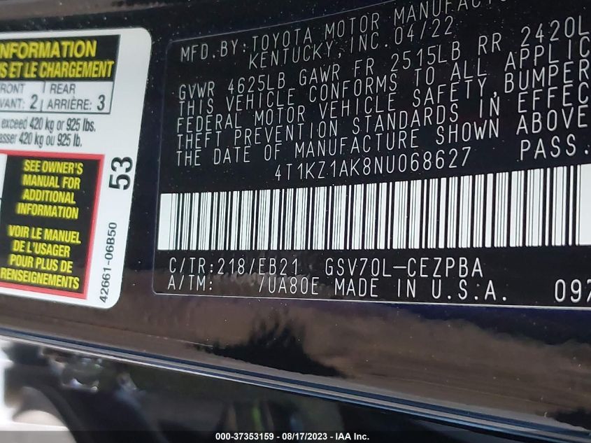 2022 TOYOTA CAMRY TRD/XSE - 4T1KZ1AK8NU068627