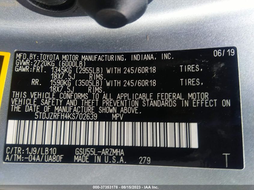 2019 TOYOTA HIGHLANDER SE/XLE - 5TDJZRFH4KS702639