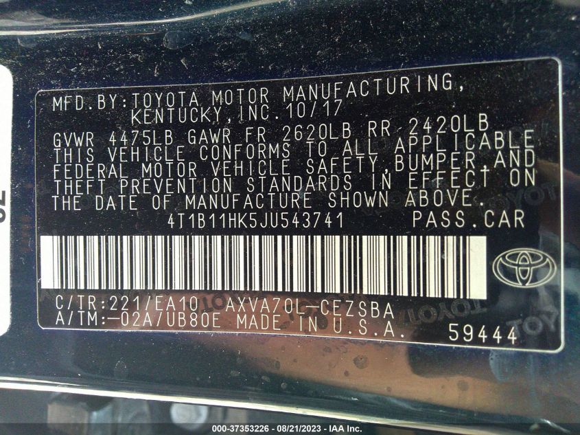 2018 TOYOTA CAMRY LE/SE/XLE/L - 4T1B11HK5JU543741