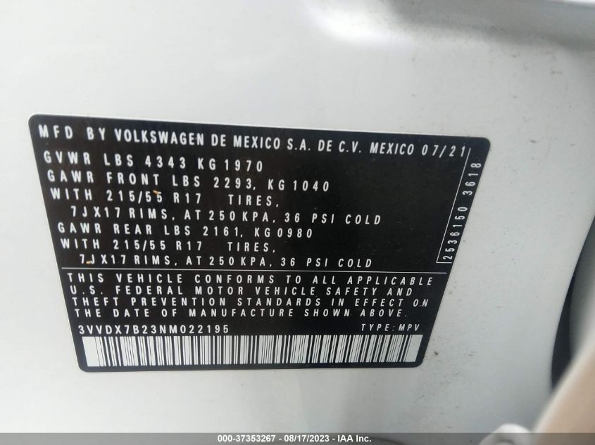 2022 VOLKSWAGEN TAOS S - 3VVDX7B23NM022195