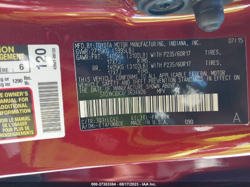 2015 TOYOTA SIENNA XLE/XLE AAS/LTD - 5TDYK3DC6FS634826