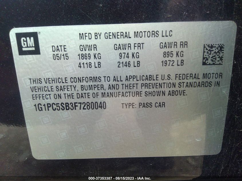 2015 CHEVROLET CRUZE LT - 1G1PC5SB3F7280040