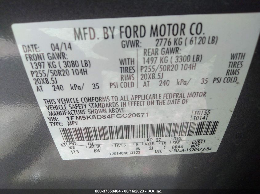 2014 FORD EXPLORER XLT - 1FM5K8D84EGC20671