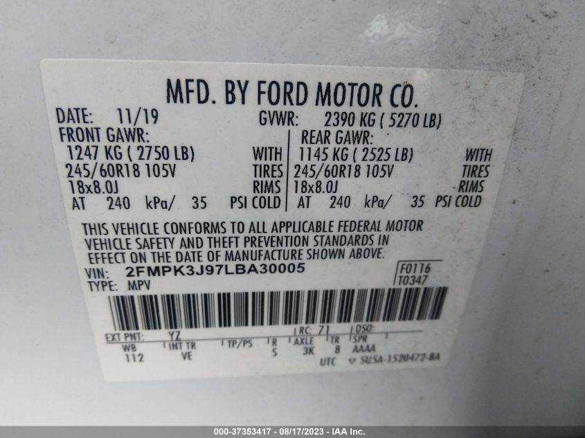 2020 FORD EDGE SEL/ST LINE - 2FMPK3J97LBA30005