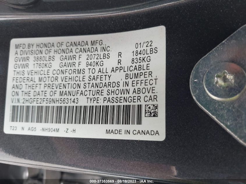 2HGFE2F59NH563143 Honda Civic Sedan SPORT 9