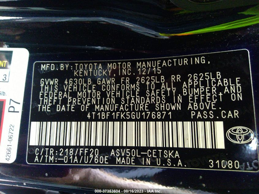 2016 TOYOTA CAMRY XLE/SE/LE/XSE - 4T1BF1FK5GU176871