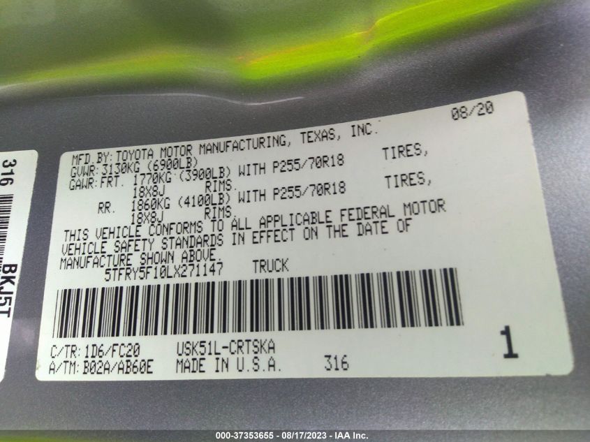 2020 TOYOTA TUNDRA 2WD SR/SR5 - 5TFRY5F10LX271147