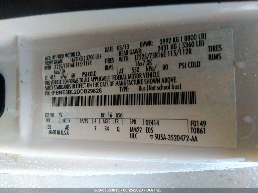 2013 FORD ECONOLINE E350 SUPER DUTY WAGON 1FBNE3BL4DDB29829