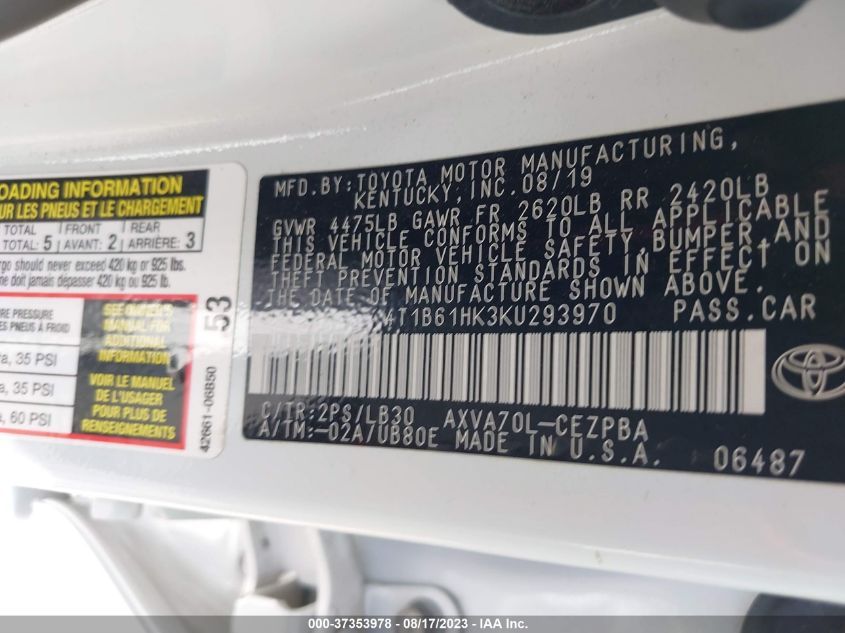 2019 TOYOTA CAMRY XSE - 4T1B61HK3KU293970