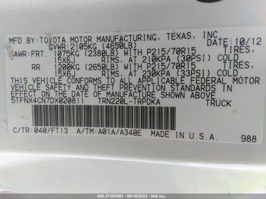 2013 TOYOTA TACOMA - 5TFNX4CN7DX020811
