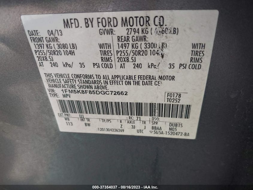 2013 FORD EXPLORER LIMITED - 1FM5K8F85DGC72662