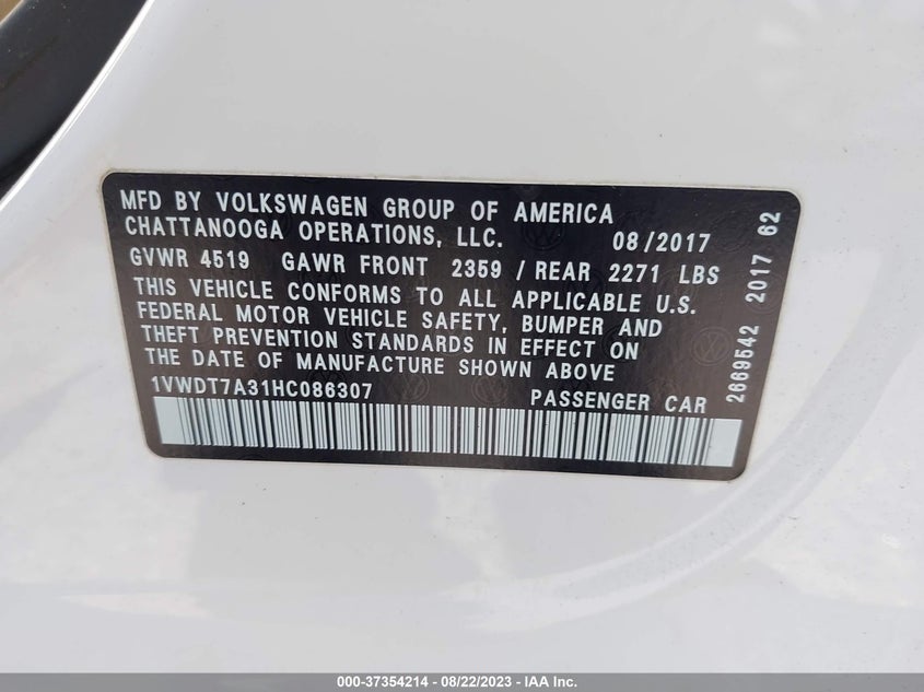 VIN 1VWDT7A31HC086307 2017 VOLKSWAGEN PASSAT R-LINE W/COMFORT PKG