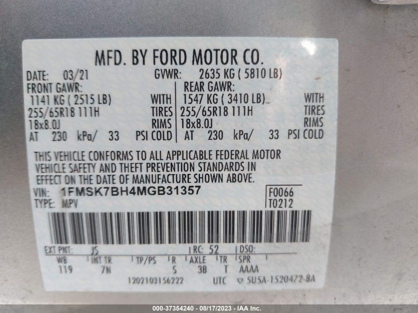 2021 FORD EXPLORER BASE - 1FMSK7BH4MGB31357