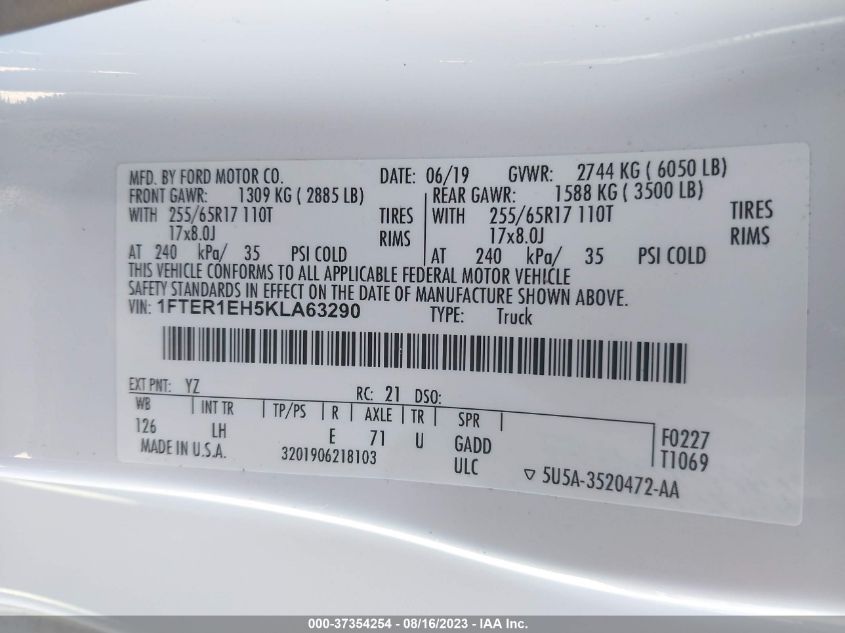2019 FORD RANGER XL/XLT/LARIAT - 1FTER1EH5KLA63290