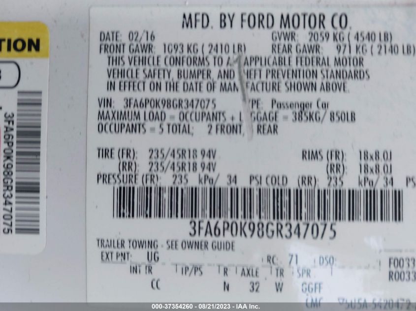 2016 FORD FUSION TITANIUM - 3FA6P0K98GR347075