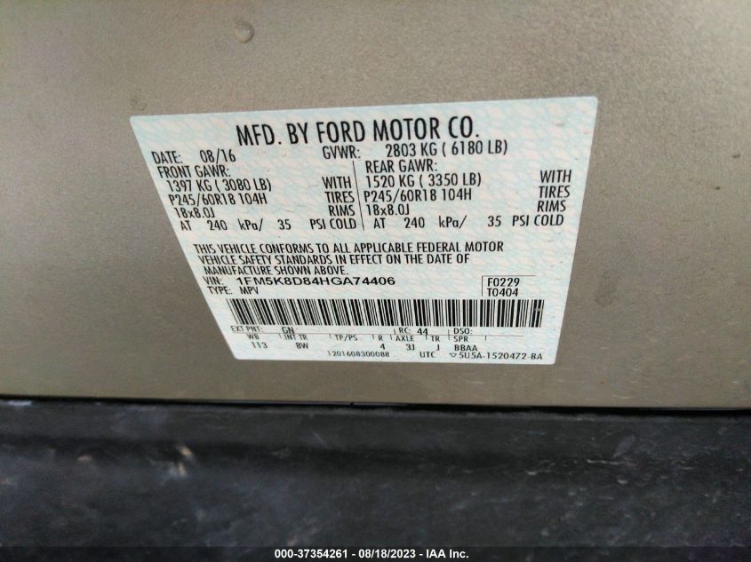 2017 FORD EXPLORER XLT - 1FM5K8D84HGA74406