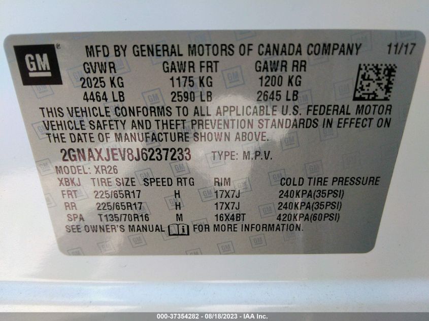 2018 CHEVROLET EQUINOX LT - 2GNAXJEV8J6237233
