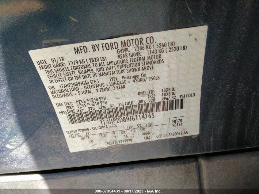 2018 FORD TAURUS SE - 1FAHP2D89JG114765