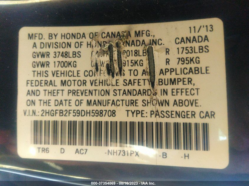 2013 HONDA CIVIC SDN LX - 2HGFB2F59DH598708