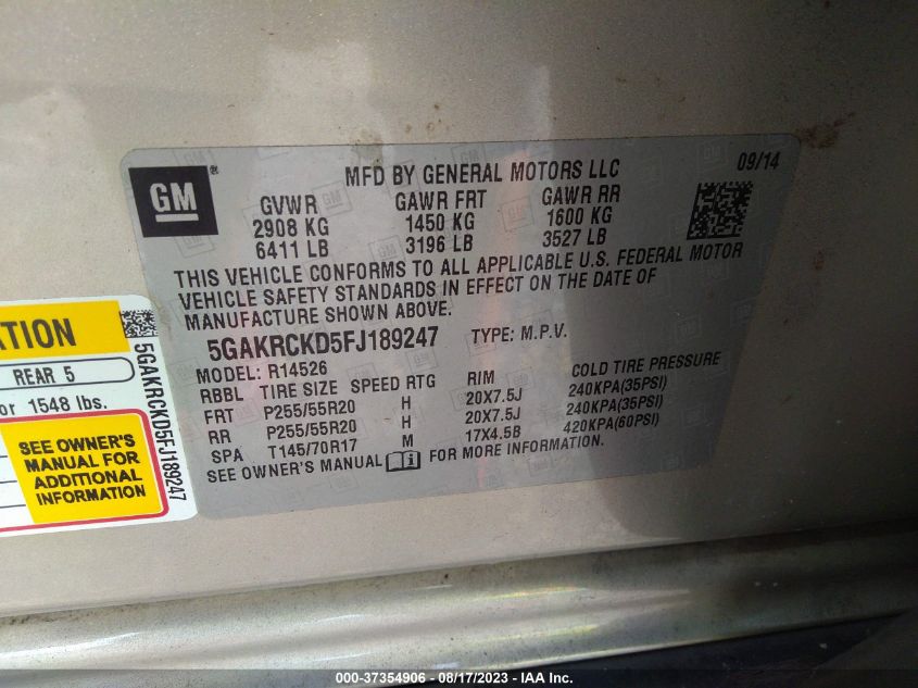 2015 BUICK ENCLAVE - 5GAKRCKD5FJ189247