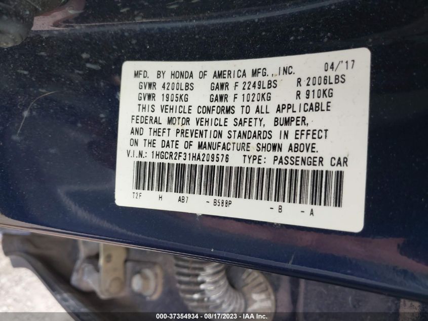 2017 HONDA ACCORD SEDAN LX - 1HGCR2F31HA209576