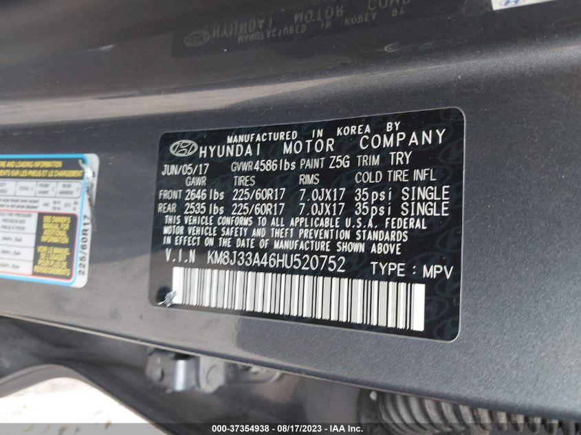 2017 HYUNDAI TUCSON LIMITED/SPORT AND ECO/SE - KM8J33A46HU520752