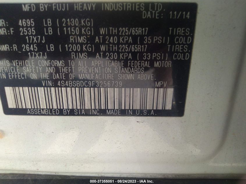 2015 SUBARU OUTBACK 2.5I PREMIUM - 4S4BSBDC9F3256739