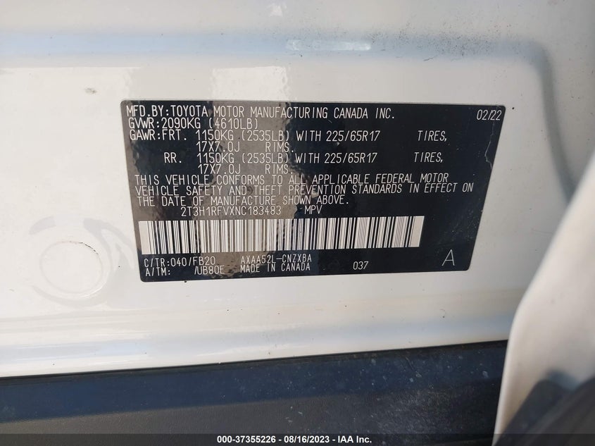 VIN 2T3H1RFVXNC183483 2022 TOYOTA RAV4 LE