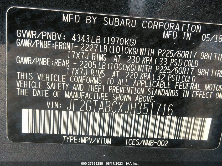 2018 SUBARU CROSSTREK PREMIUM - JF2GTABCXJH351716