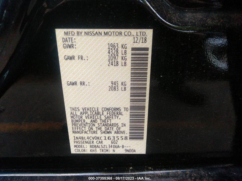 2019 NISSAN ALTIMA SR - 1N4BL4CV0KC163558