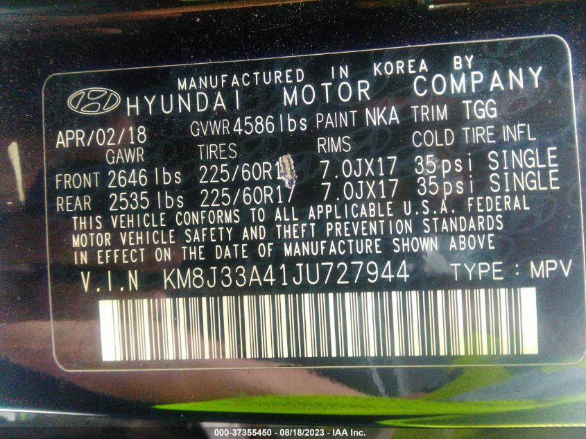 2018 HYUNDAI TUCSON SEL - KM8J33A41JU727944