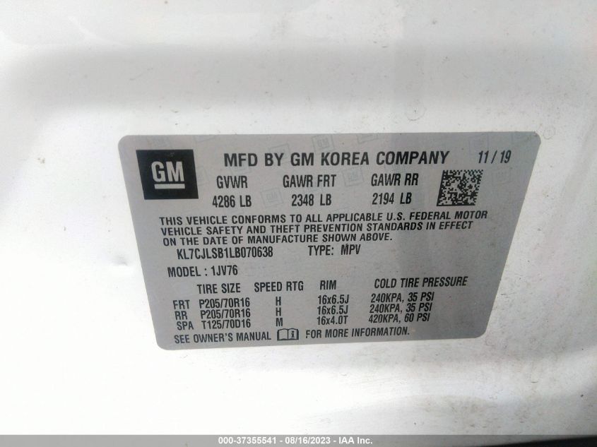 2020 CHEVROLET TRAX LT - KL7CJLSB1LB070638