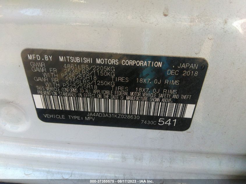 VIN JA4AD3A31KZ028630 2019 MITSUBISHI OUTLANDER no.9