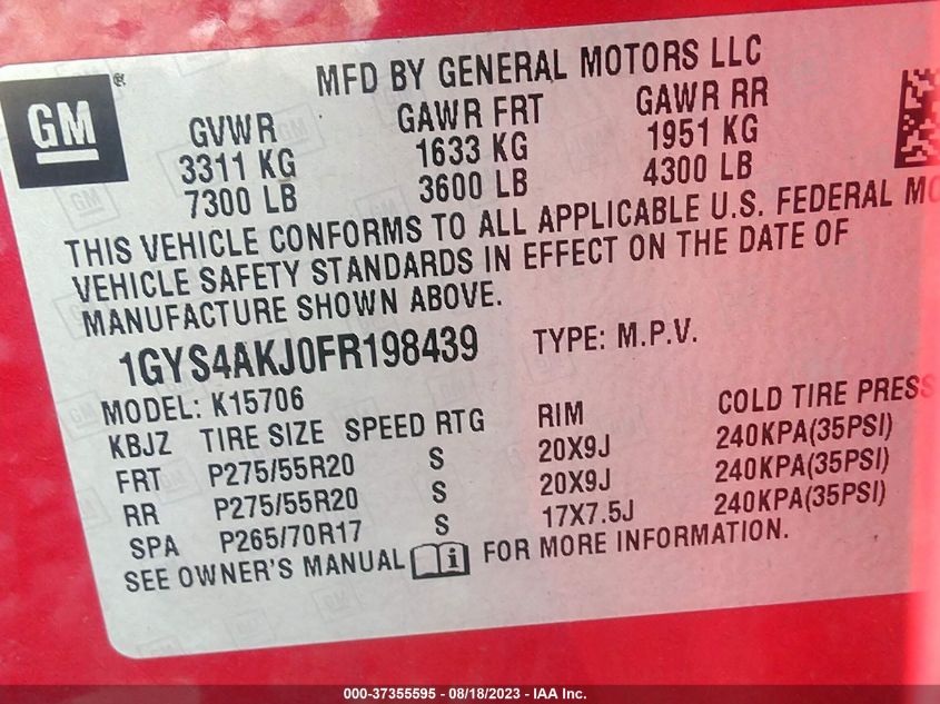 2015 CADILLAC ESCALADE - 1GYS4AKJ0FR198439