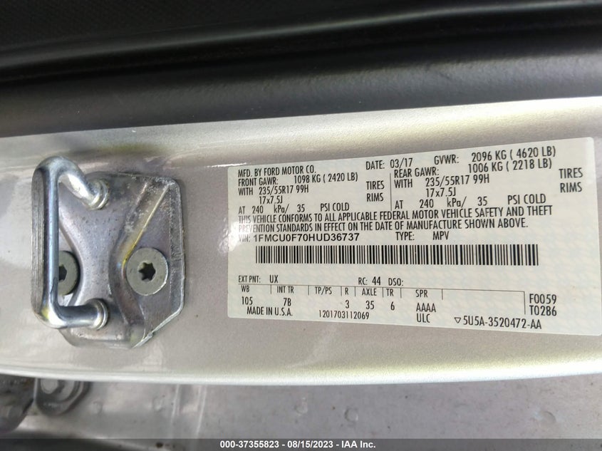 VIN 1FMCUOF70HUD36737 2017 FORD ESCAPE S