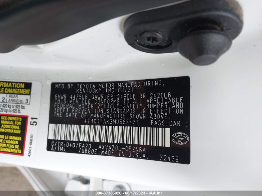 2021 TOYOTA CAMRY SE/NIGHT SHADE - 4T1T11AK3MU567474