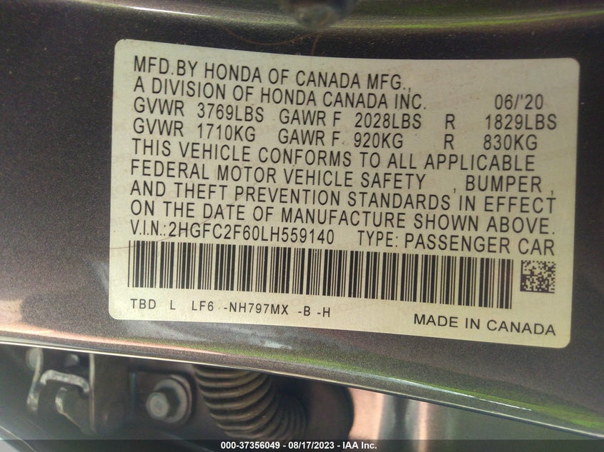 VIN 2HGFC2F60LH559140 2020 HONDA CIVIC SEDAN LX