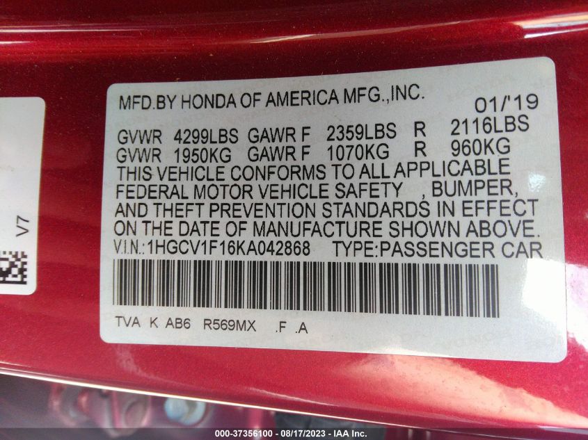 2019 HONDA ACCORD SEDAN LX 1.5T - 1HGCV1F16KA042868