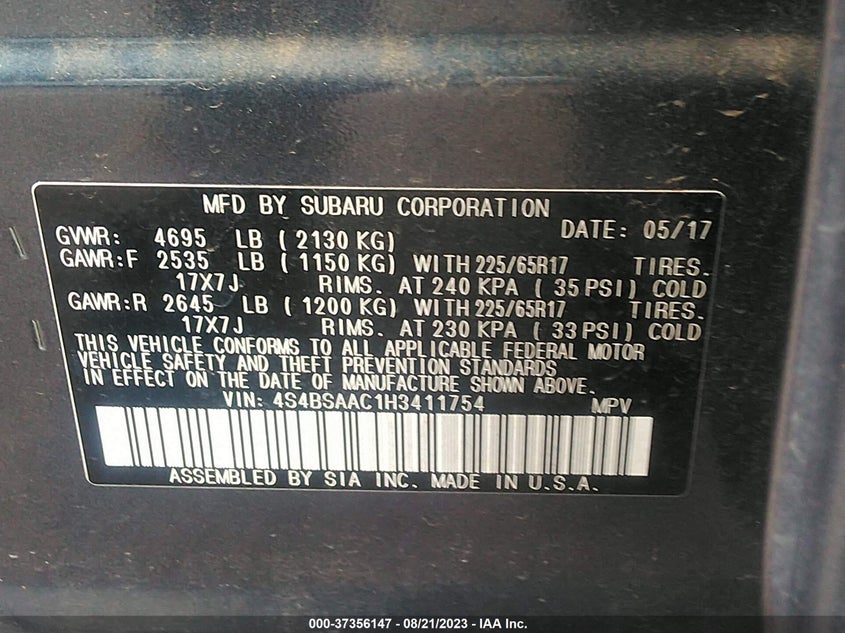 VIN 4S4BSAAC1H3411754 2017 SUBARU OUTBACK