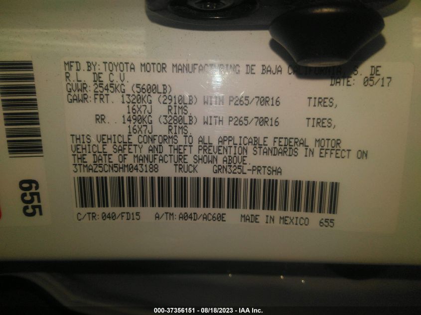 2017 TOYOTA TACOMA DBL CAB/SR5/TRD SPORT/OR - 3TMAZ5CN5HM043188