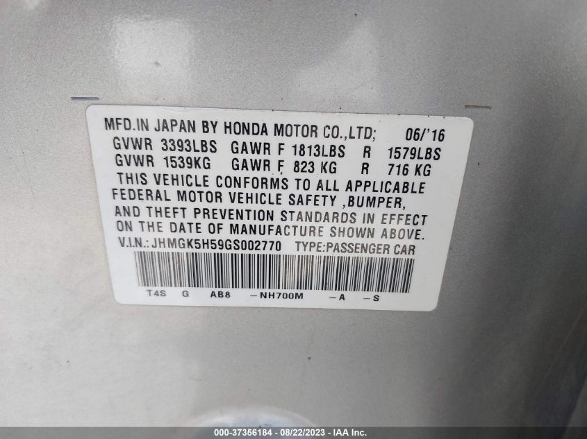2016 HONDA FIT LX - JHMGK5H59GS002770