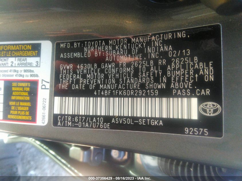 2013 TOYOTA CAMRY L/LE/SE/XLE - 4T4BF1FK6DR292159