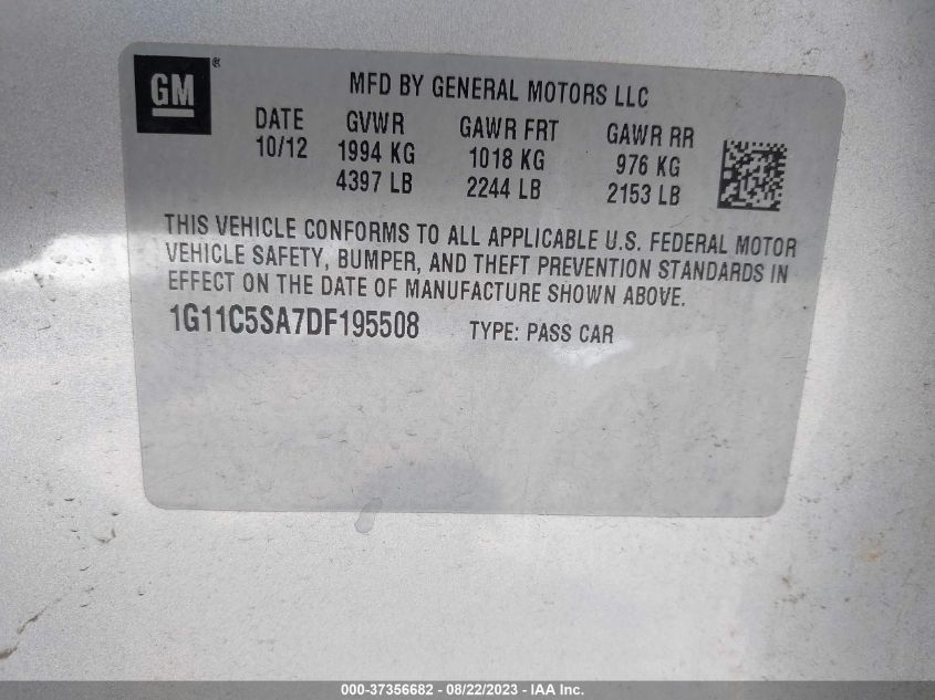 2013 CHEVROLET MALIBU LT - 1G11C5SA7DF195508