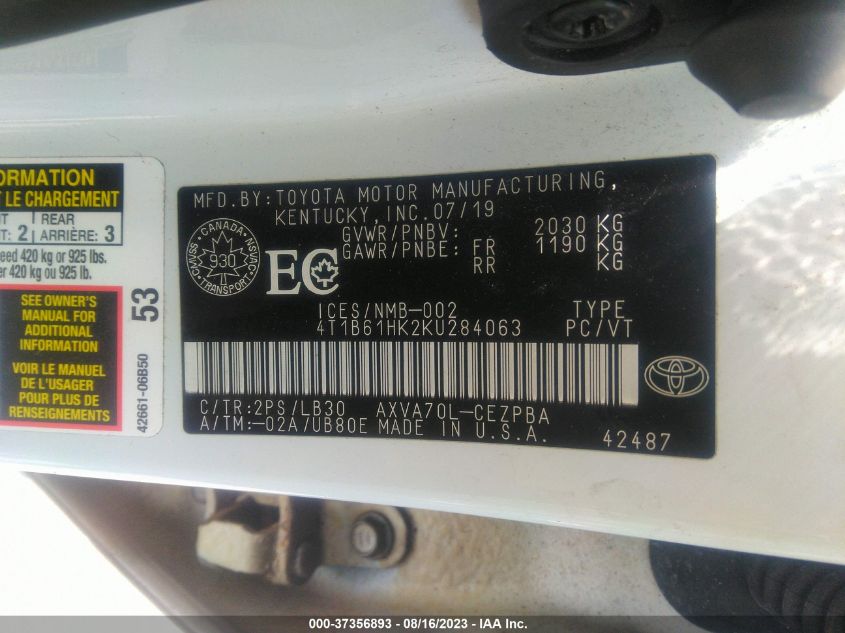 2019 TOYOTA CAMRY XSE - 4T1B61HK2KU284063