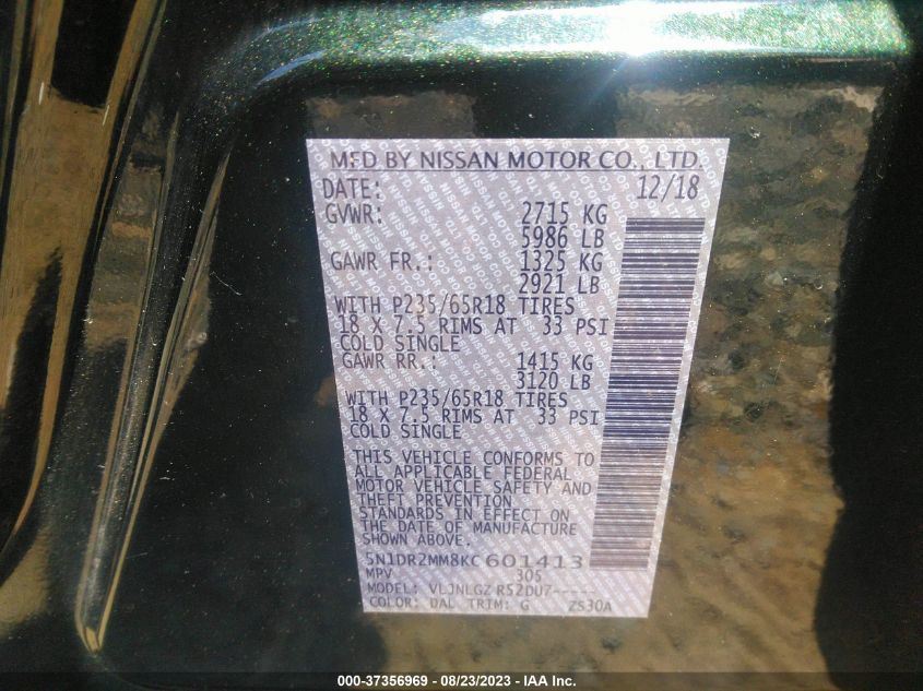 2019 NISSAN PATHFINDER SL - 5N1DR2MM8KC601413