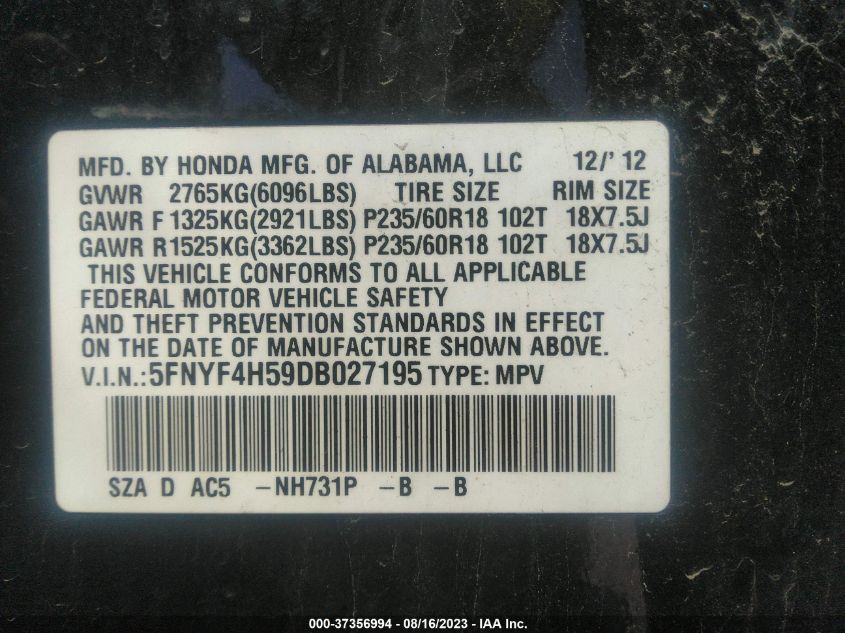 2013 HONDA PILOT EXL - 5FNYF4H59DB027195
