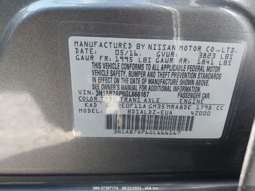 2016 NISSAN SENTRA SR/SL/S/SV/FE  S - 3N1AB7AP6GL666167